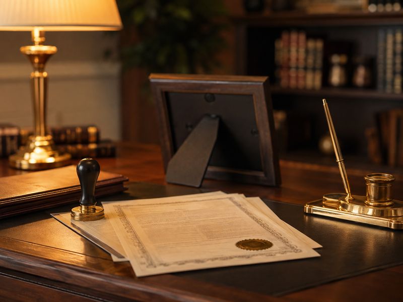 Escritorio de notaría con documentos del registro civil y un portarretrato familiar
